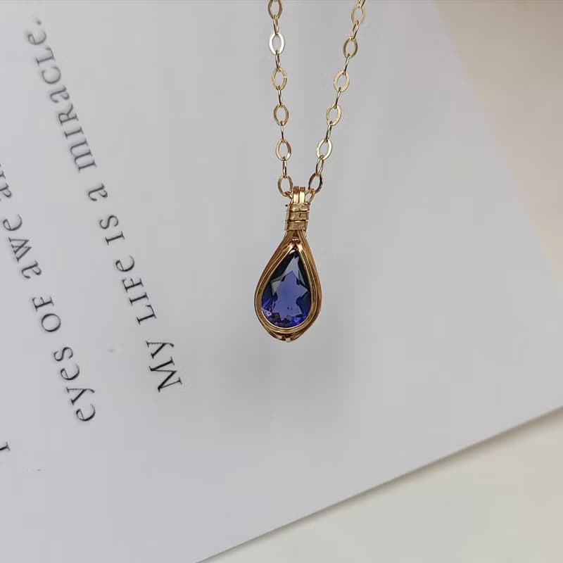 天然堇青石吊墜 切面堇青石項鍊 手工14KGF項鍊 簡約刻面水滴項鏈