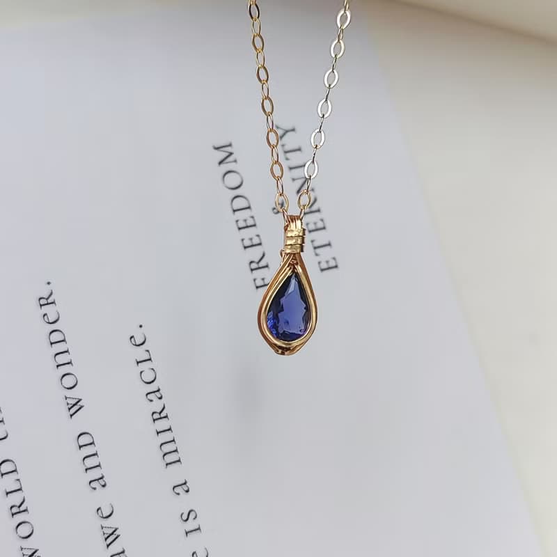 天然堇青石吊墜 切面堇青石項鍊 手工14KGF項鍊 簡約刻面水滴項鏈