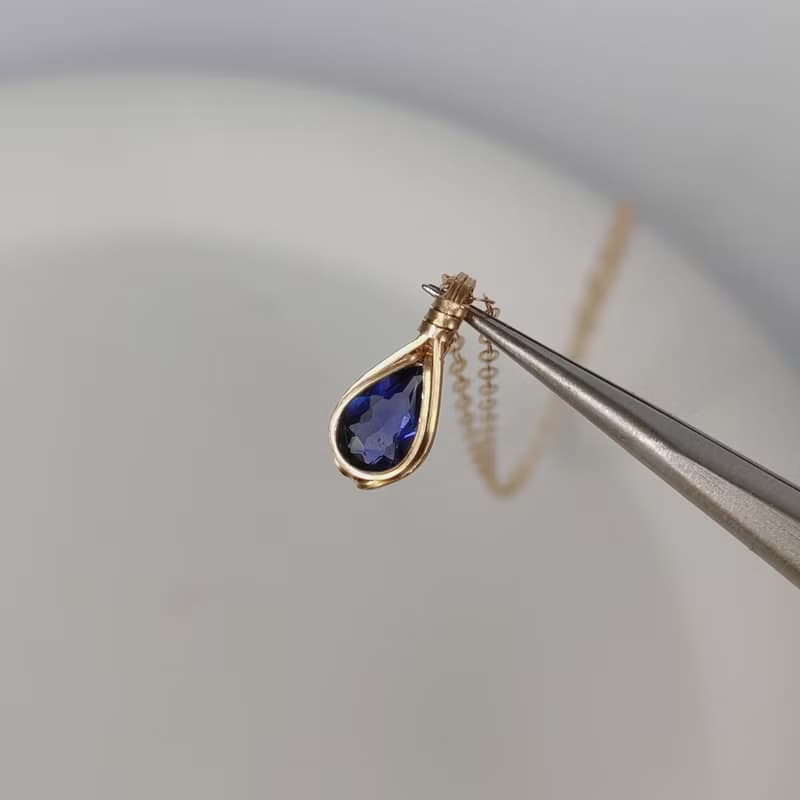 天然堇青石吊墜 切面堇青石項鍊 手工14KGF項鍊 簡約刻面水滴項鏈