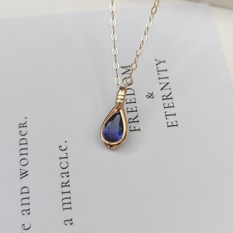 天然堇青石吊墜 切面堇青石項鍊 手工14KGF項鍊 簡約刻面水滴項鏈