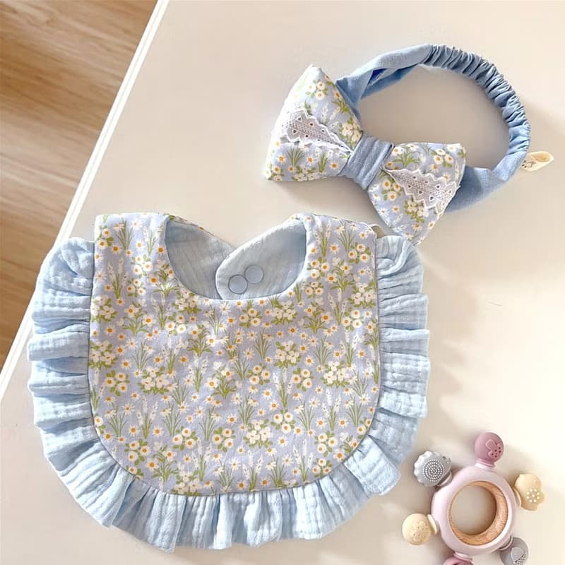 蕾絲髮帶組合 柔藍之願彌月禮盒 荷葉圍兜 髮帶