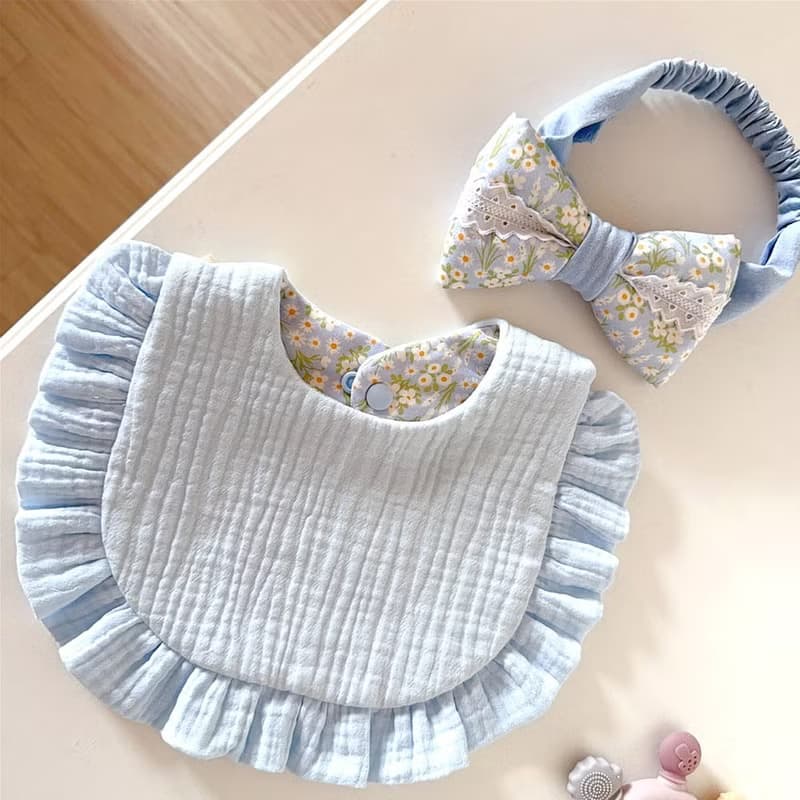 蕾絲髮帶組合 柔藍之願彌月禮盒 荷葉圍兜 髮帶