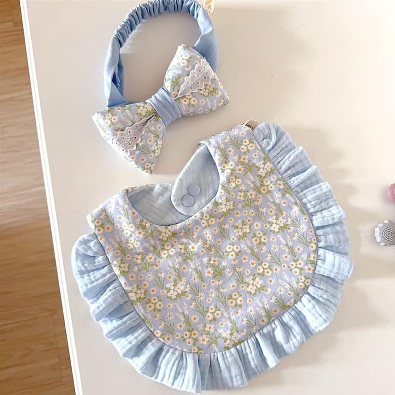 蕾絲髮帶組合 柔藍之願彌月禮盒 荷葉圍兜 髮帶