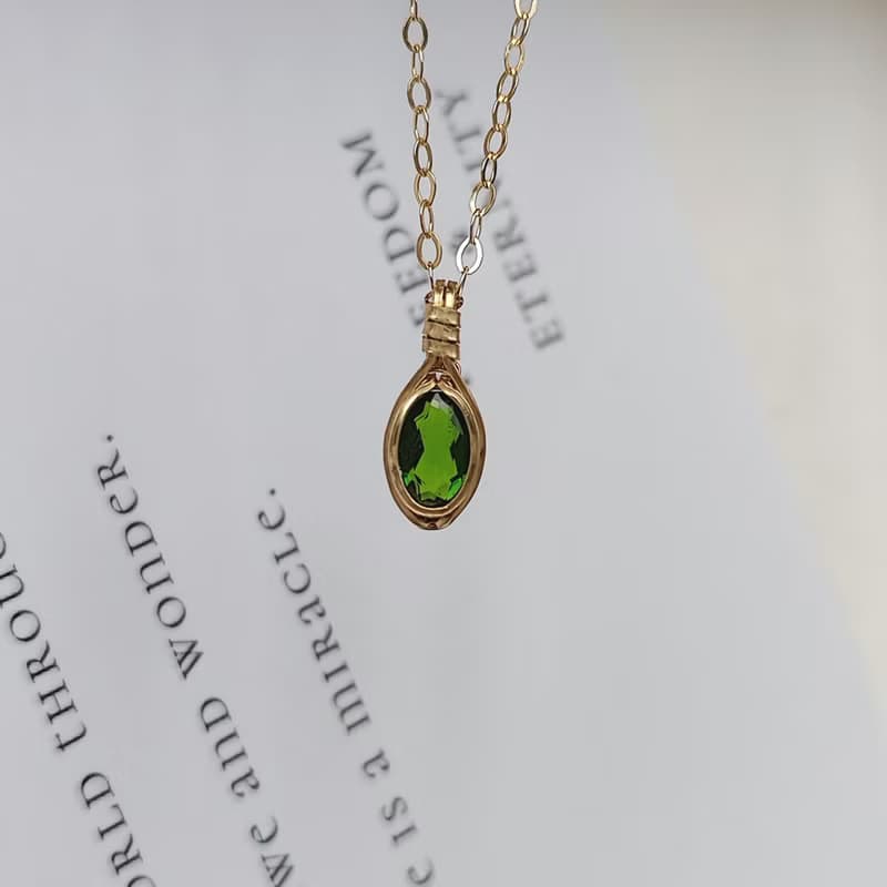 俄羅斯透輝石吊墜 切面鉻透輝石鎖骨鏈 14KGF手工鑲嵌精緻項鍊