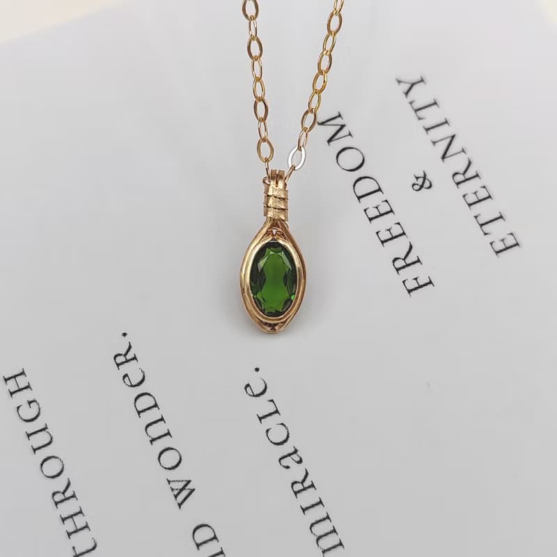 俄羅斯透輝石吊墜 切面鉻透輝石鎖骨鏈 14KGF手工鑲嵌精緻項鍊