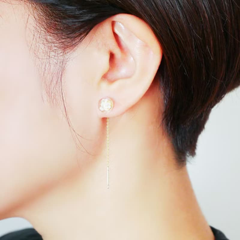 レースフラワーの押し花チェーンピアス/ロングピアス