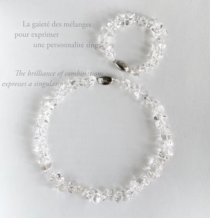 ロングにもなる  涼しげ水晶 ラフカットのネックレスとブレスレットのセット