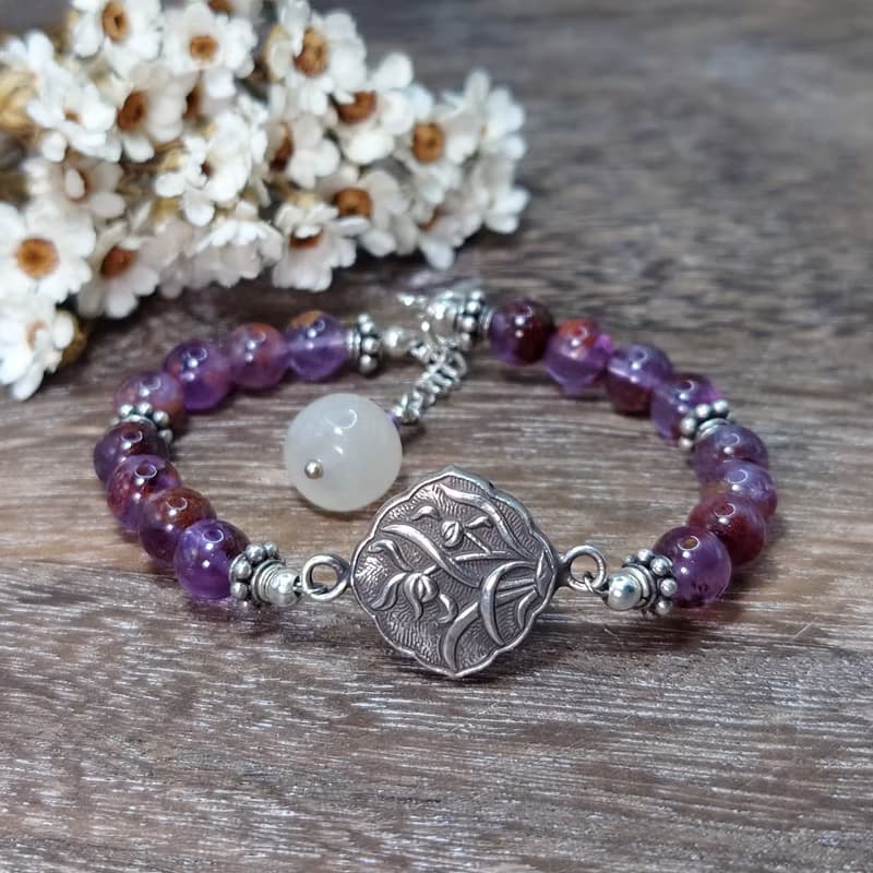 手鍊 紫鈦晶 紫水晶 白玉髓 蘭花 雙面鍛敲 925銀飾 花 寶石 飾品