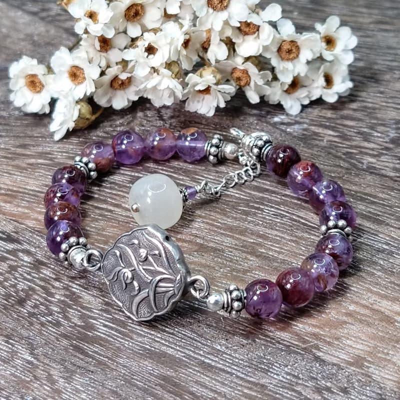 手鍊 紫鈦晶 紫水晶 白玉髓 蘭花 雙面鍛敲 925銀飾 花 寶石 飾品