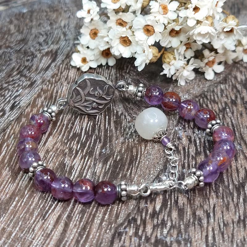 手鍊 紫鈦晶 紫水晶 白玉髓 蘭花 雙面鍛敲 925銀飾 花 寶石 飾品