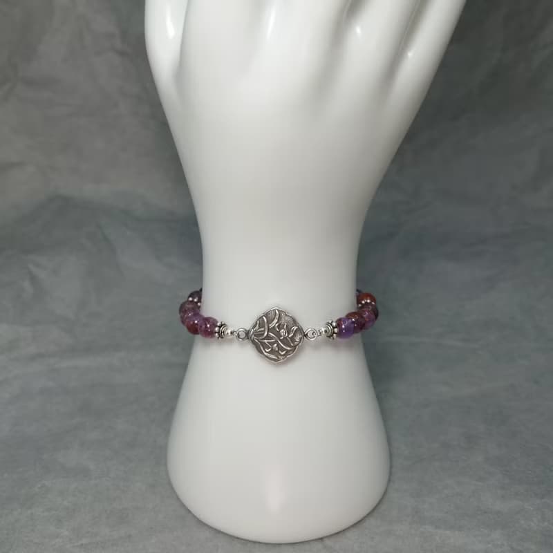 手鍊 紫鈦晶 紫水晶 白玉髓 蘭花 雙面鍛敲 925銀飾 花 寶石 飾品