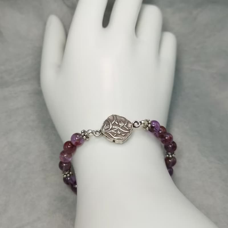 手鍊 紫鈦晶 紫水晶 白玉髓 蘭花 雙面鍛敲 925銀飾 花 寶石 飾品