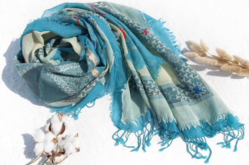 喀什米爾Cashmere Pashmina 克什米爾 刺繡羊毛披肩 針織圍巾 刺繡圍巾 羊絨披巾-花朵 露營必備 野餐