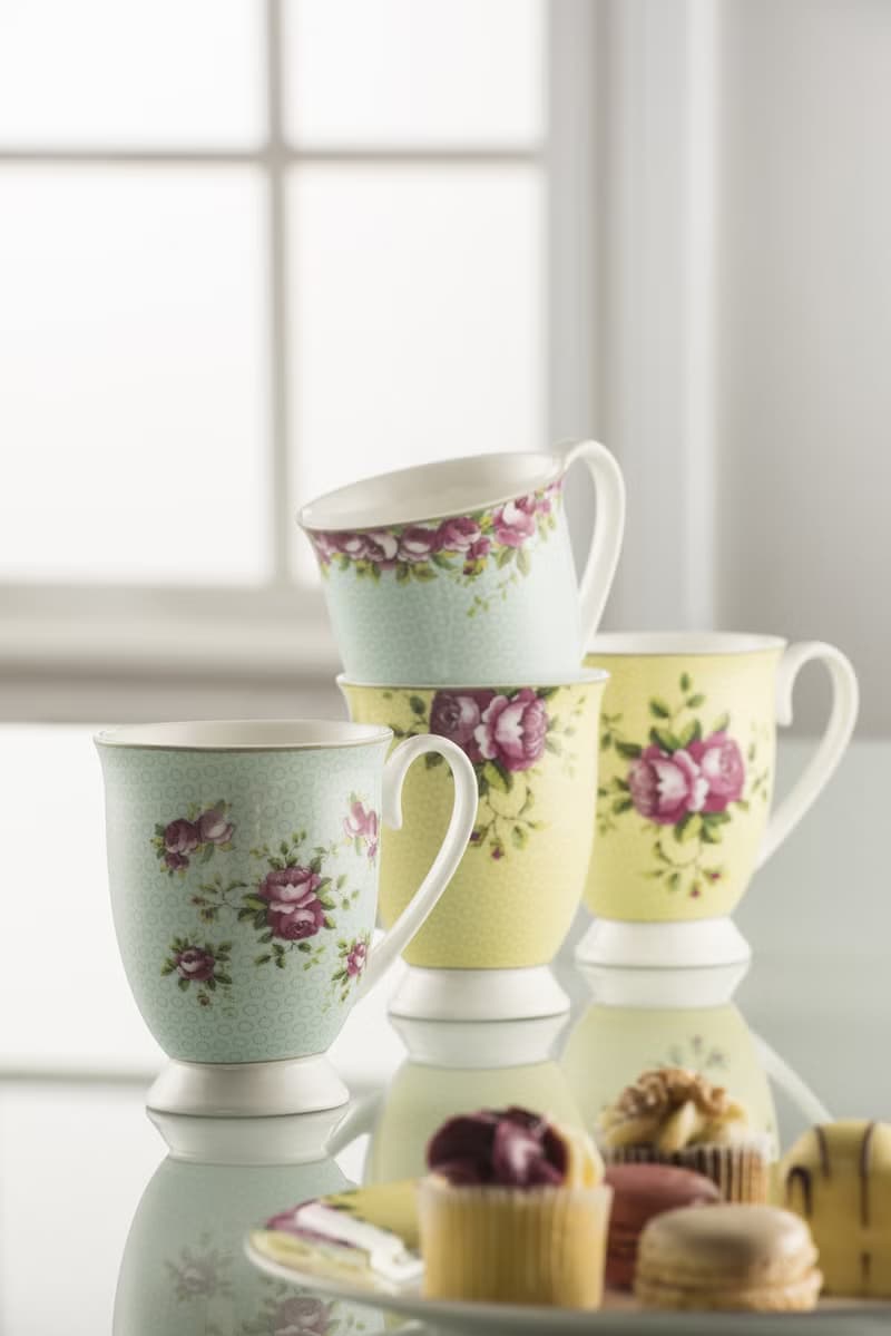英國Aynsley 復古玫瑰系列 陶瓷厚底圓腳馬克杯4入組300ml