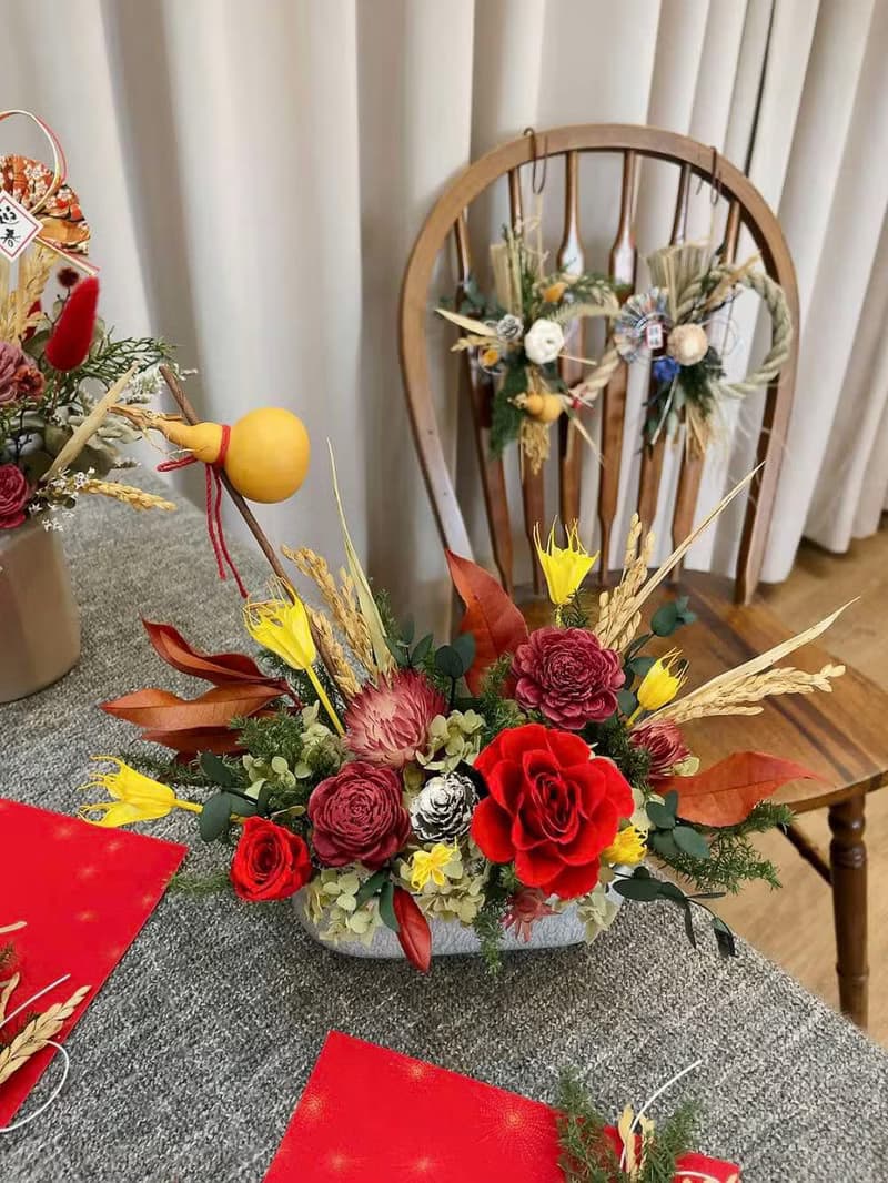 永生花桌花【紅紅火火】過年花盆 開幕桌花 新年花禮 喬遷 入厝花
