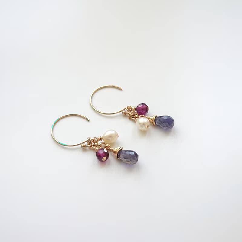 堇青石小圓水滴 石榴石 米粒淡水珍珠 14Kgf 包金 Cluster 耳環