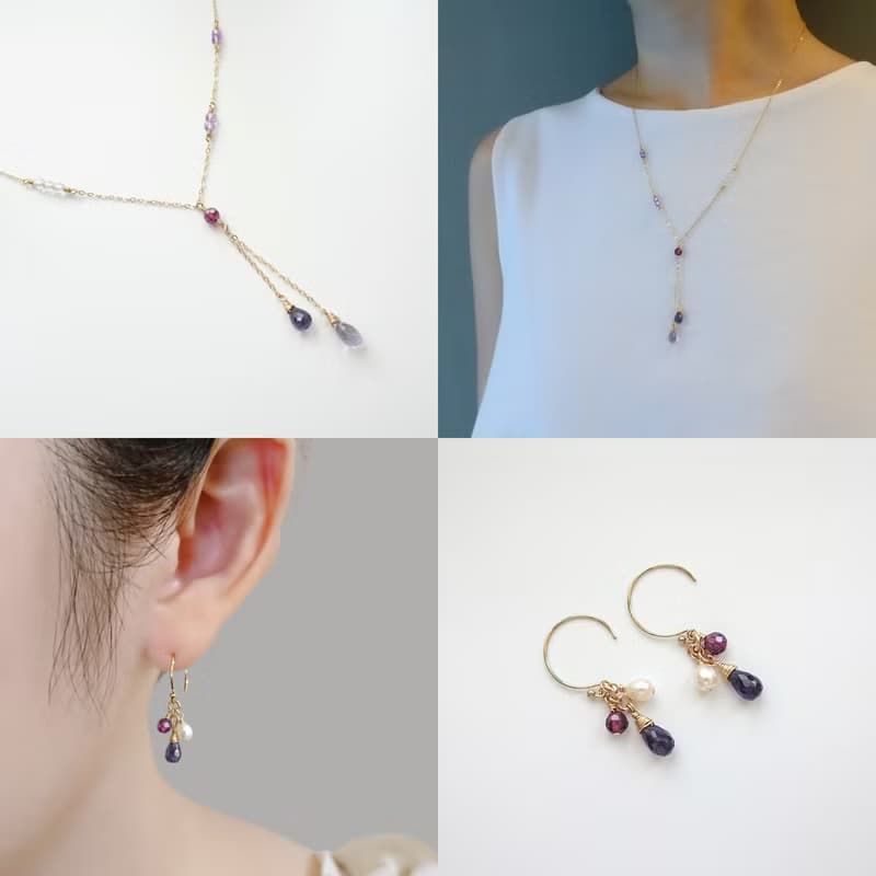 堇青石小圓水滴 石榴石 米粒淡水珍珠 14Kgf 包金 Cluster 耳環