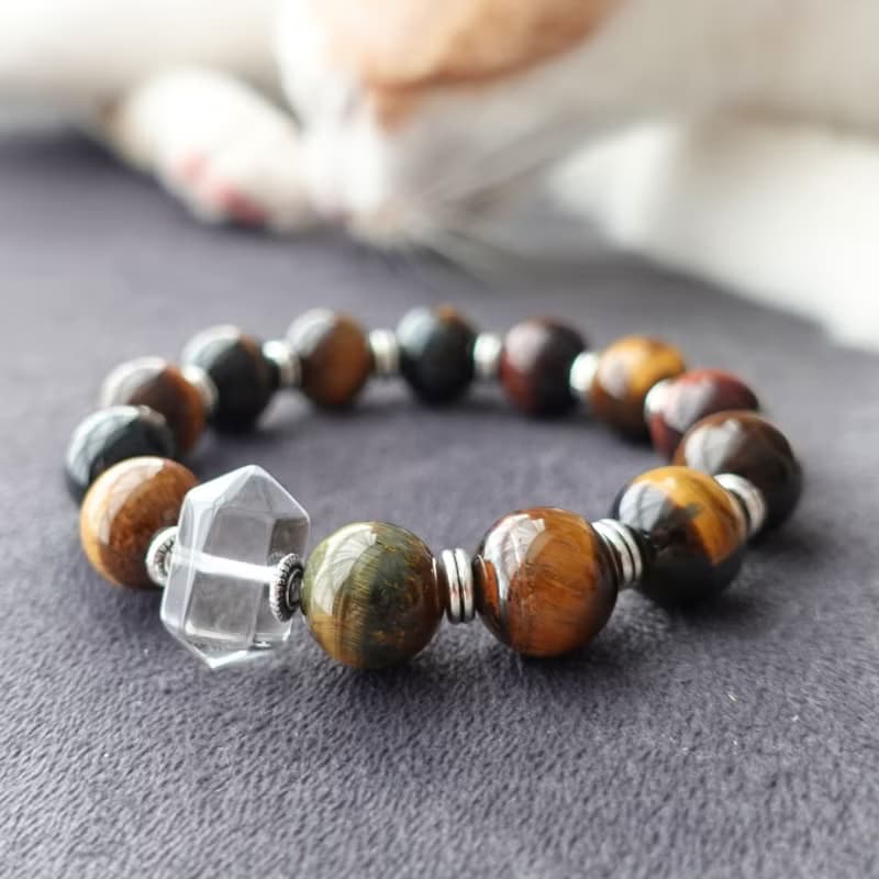 13mm 煥彩虎眼石 能量加倍柱狀白水晶 中性設計 大器姿態 手鍊