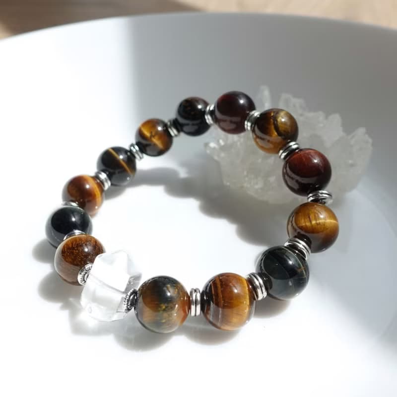 13mm 煥彩虎眼石 能量加倍柱狀白水晶 中性設計 大器姿態 手鍊