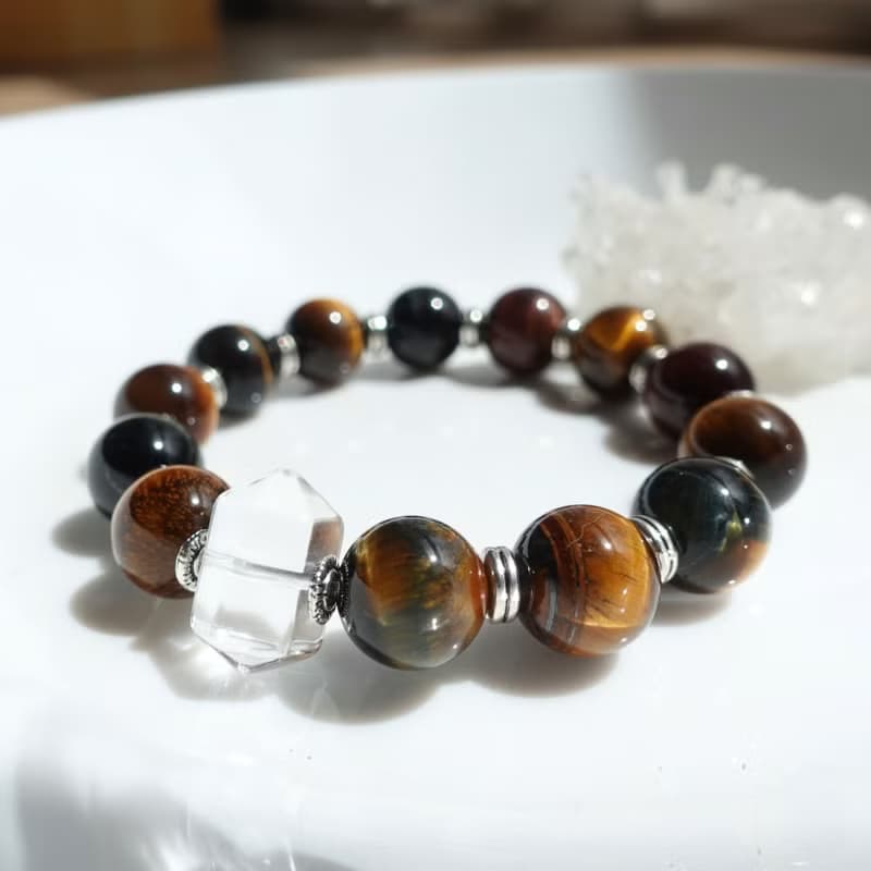 13mm 煥彩虎眼石 能量加倍柱狀白水晶 中性設計 大器姿態 手鍊