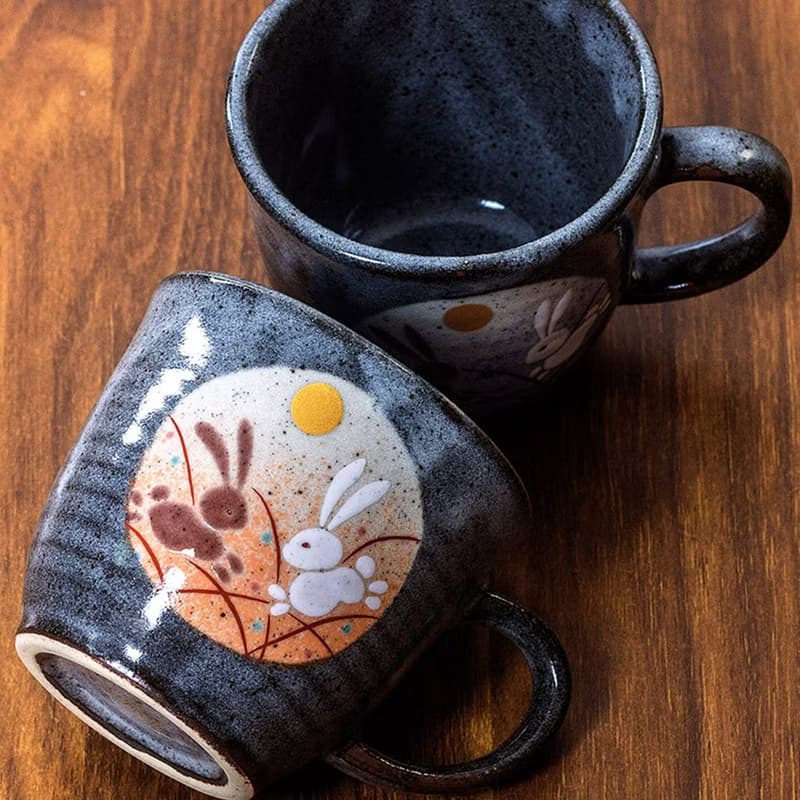 日本製進口九谷燒情侶月兔對杯復古陶瓷咖啡杯茶杯馬克杯結婚禮物