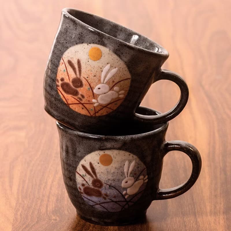 日本製進口九谷燒情侶月兔對杯復古陶瓷咖啡杯茶杯馬克杯結婚禮物