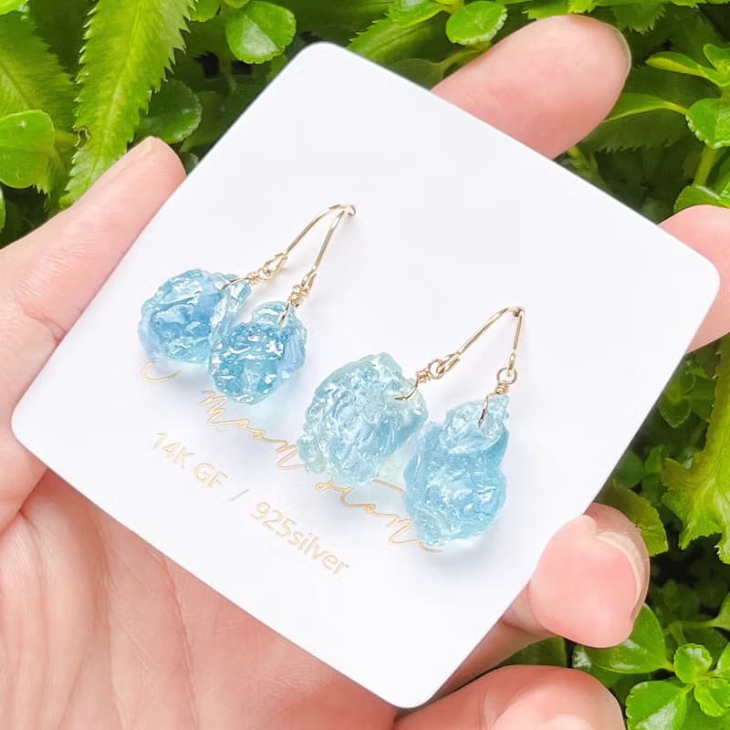 消暑冰塊 海藍寶原石耳環水晶