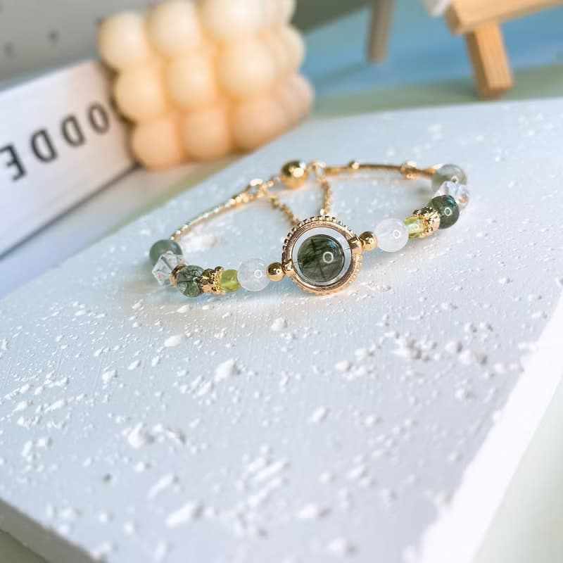翠色  綠髮晶 橄欖石 月光石 白水晶 招財事業運磁吸扣天然石手鍊