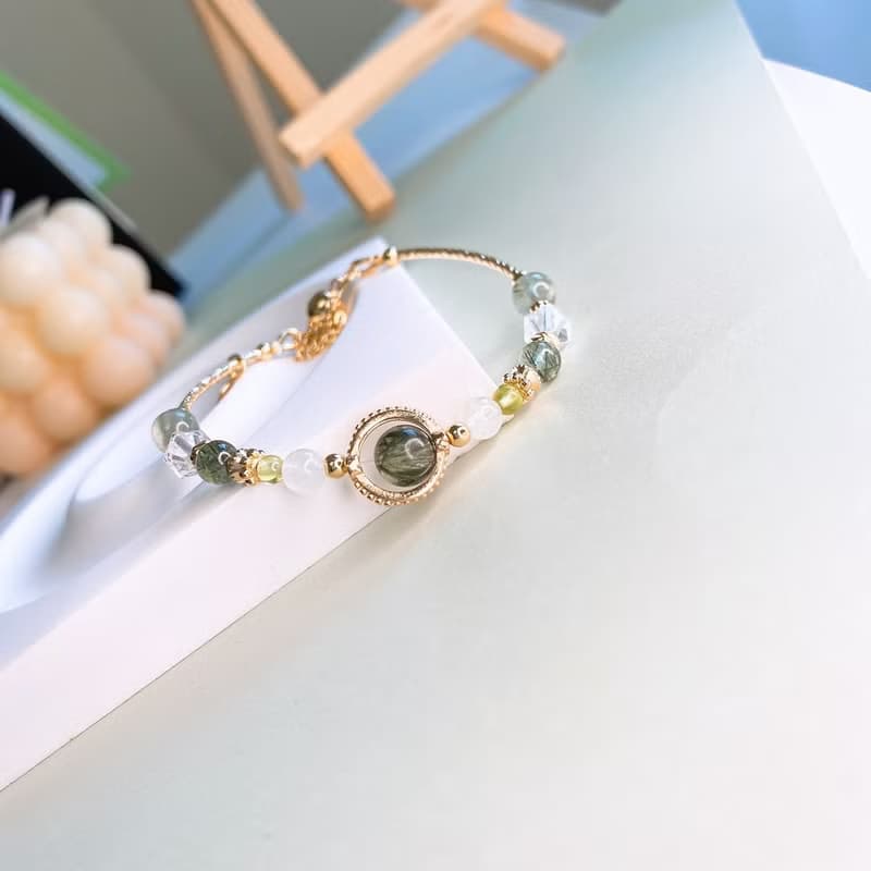 翠色  綠髮晶 橄欖石 月光石 白水晶 招財事業運磁吸扣天然石手鍊