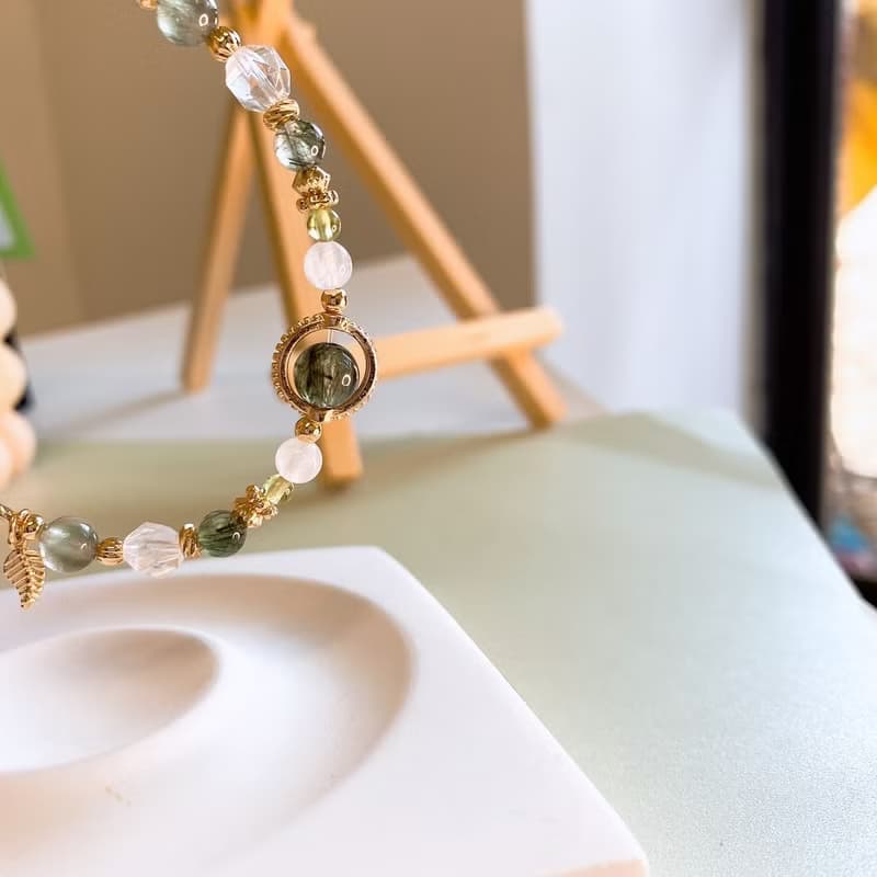 翠色  綠髮晶 橄欖石 月光石 白水晶 招財事業運磁吸扣天然石手鍊