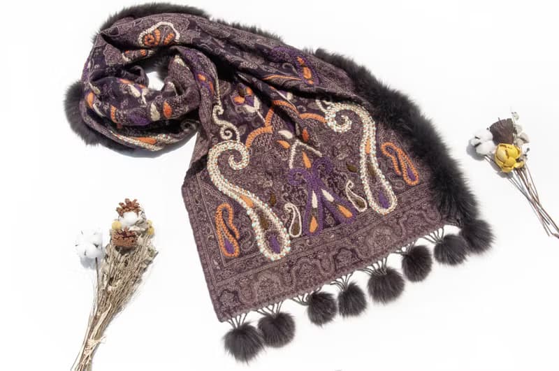 喀什米爾Cashmere/水煮羊毛披肩/針織圍巾/刺繡圍巾/羊絨披巾-花