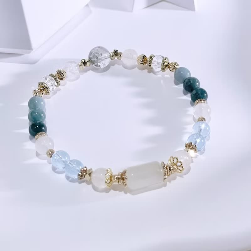 白晝之月 |月光石|托帕石|藍水翡翠|白水晶| 水晶手鍊 A33-1