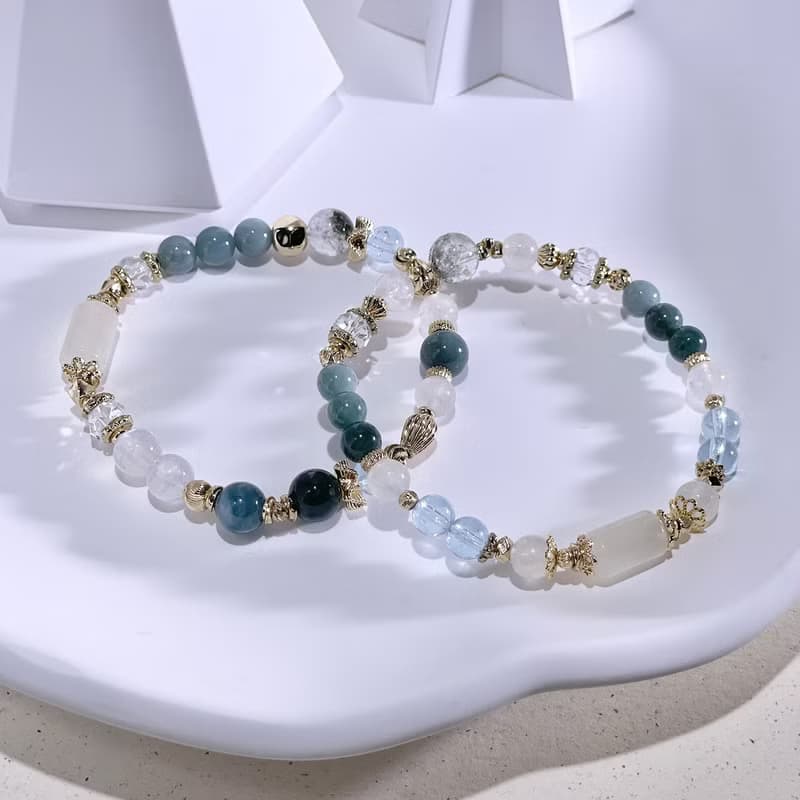 白晝之月 |月光石|托帕石|藍水翡翠|白水晶| 水晶手鍊 A33-1