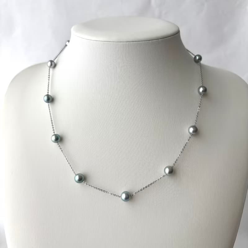 SV ステーションネックレス　SV ステーションネックレス あこや真珠　長さ調整可　クリップクラスプ　Station Necklace　站點項鍊　連珠項鍊