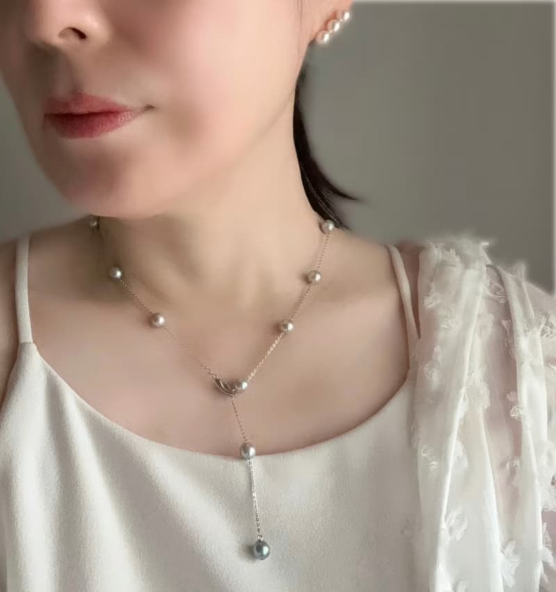 SV ステーションネックレス　SV ステーションネックレス あこや真珠　長さ調整可　クリップクラスプ　Station Necklace　站點項鍊　連珠項鍊