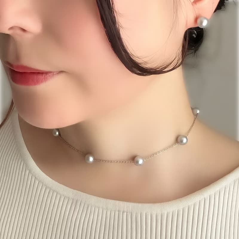 SV ステーションネックレス　SV ステーションネックレス あこや真珠　長さ調整可　クリップクラスプ　Station Necklace　站點項鍊　連珠項鍊