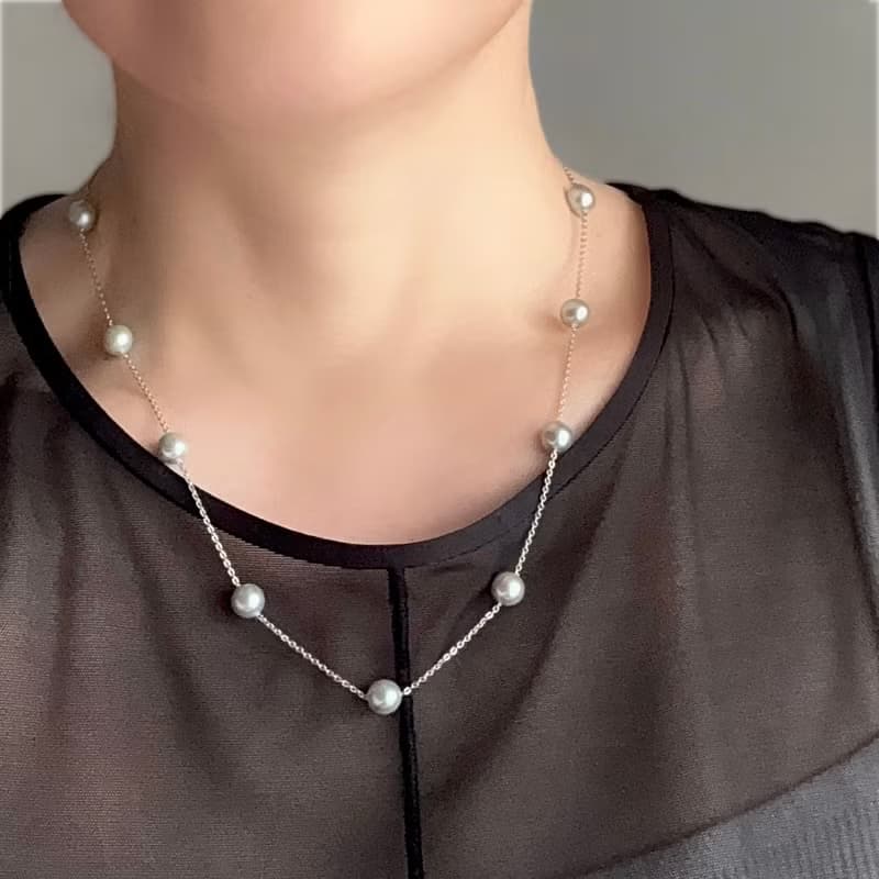 SV ステーションネックレス　SV ステーションネックレス あこや真珠　長さ調整可　クリップクラスプ　Station Necklace　站點項鍊　連珠項鍊