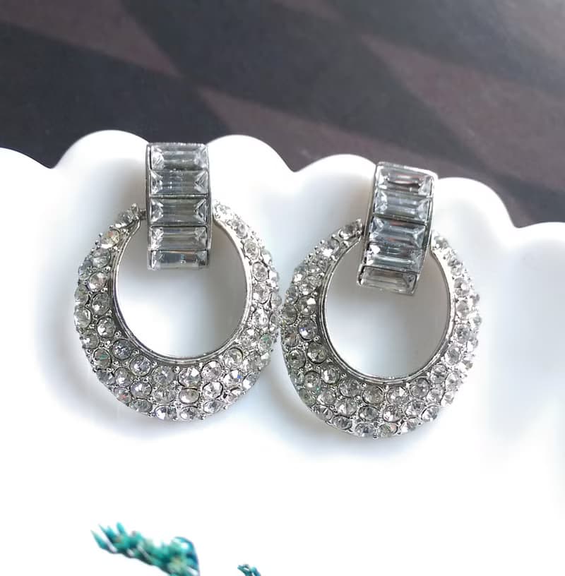 Vintage Jewelry 西洋古董飾品 銀色調 摩登 鑲鑽 垂墜 針式耳環