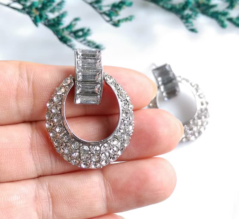 Vintage Jewelry 西洋古董飾品 銀色調 摩登 鑲鑽 垂墜 針式耳環