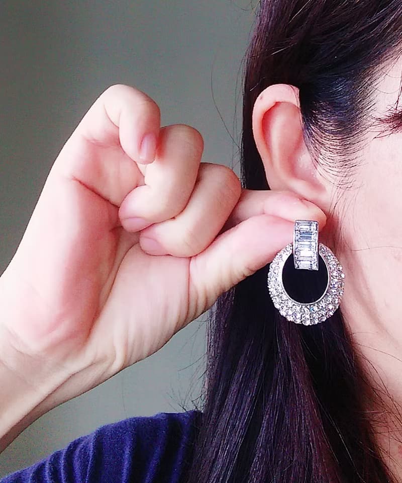 Vintage Jewelry 西洋古董飾品 銀色調 摩登 鑲鑽 垂墜 針式耳環