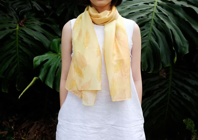 Aki Lemon Yellow Cottonsilk Scarf, Autumn Leaves, Shawl, Nature
