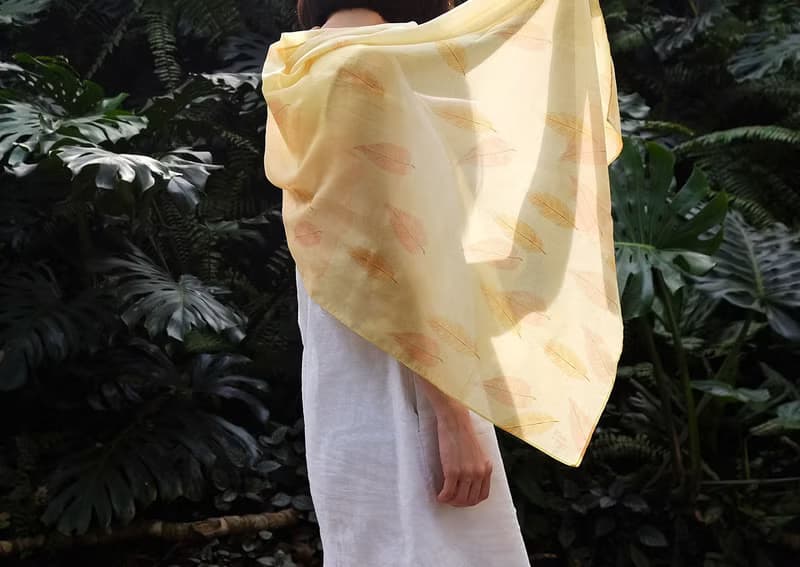 Aki Lemon Yellow Cottonsilk Scarf, Autumn Leaves, Shawl, Nature