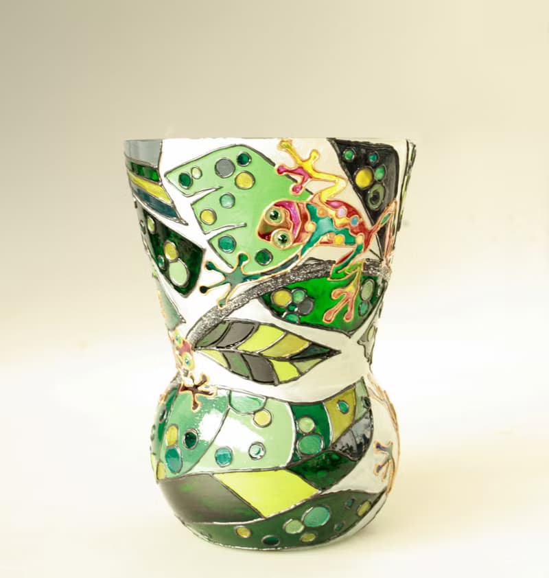 Tree Frog Rainbow Tropical Plants Glass Vase Stained, Hand-painted