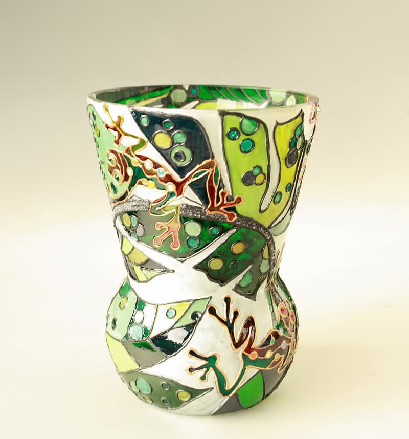 Tree Frog Rainbow Tropical Plants Glass Vase Stained, Hand-painted