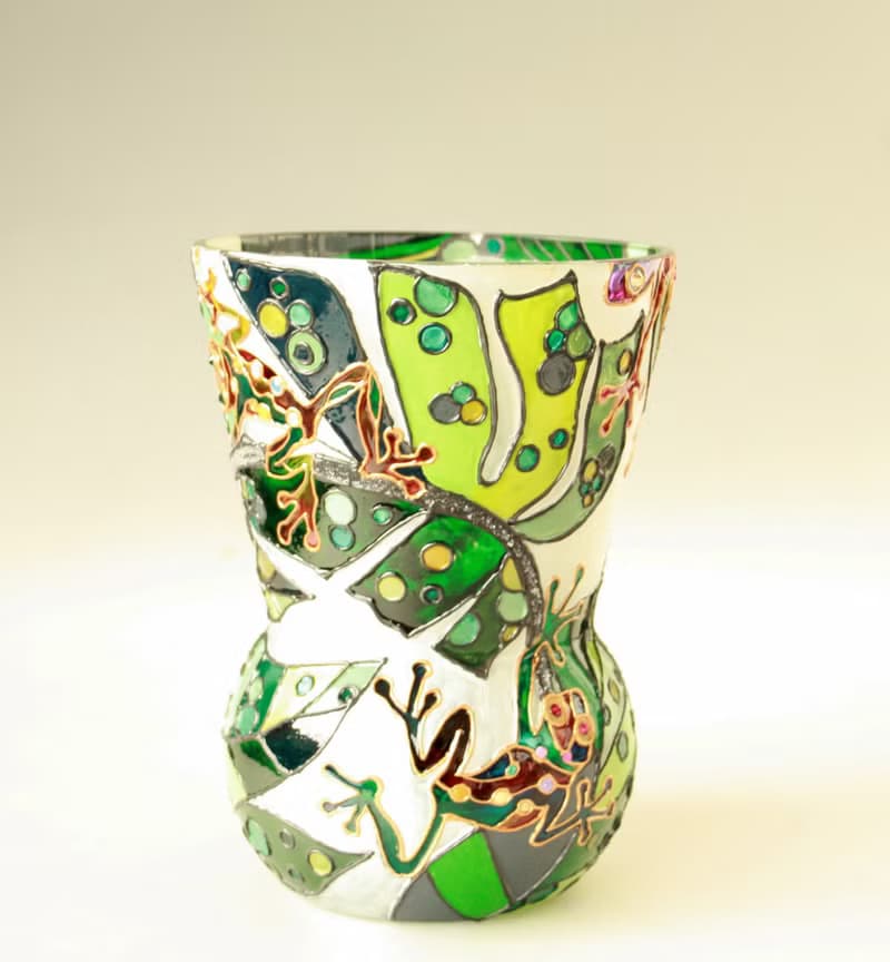 Tree Frog Rainbow Tropical Plants Glass Vase Stained, Hand-painted
