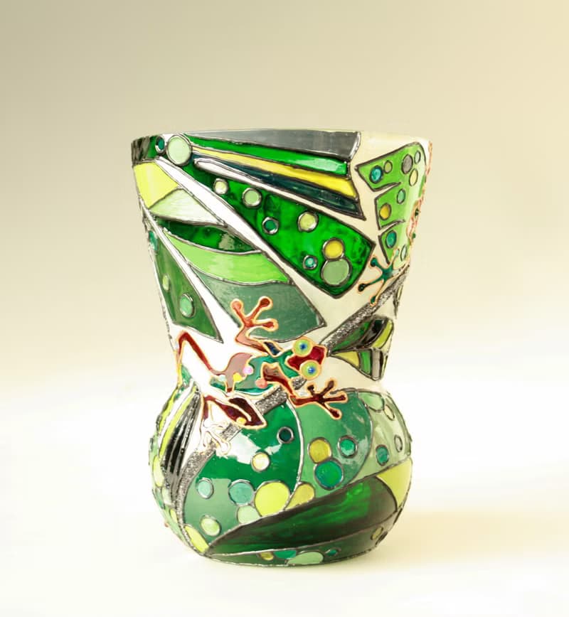 Tree Frog Rainbow Tropical Plants Glass Vase Stained, Hand-painted