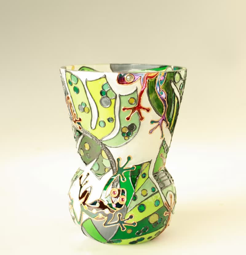 Tree Frog Rainbow Tropical Plants Glass Vase Stained, Hand-painted