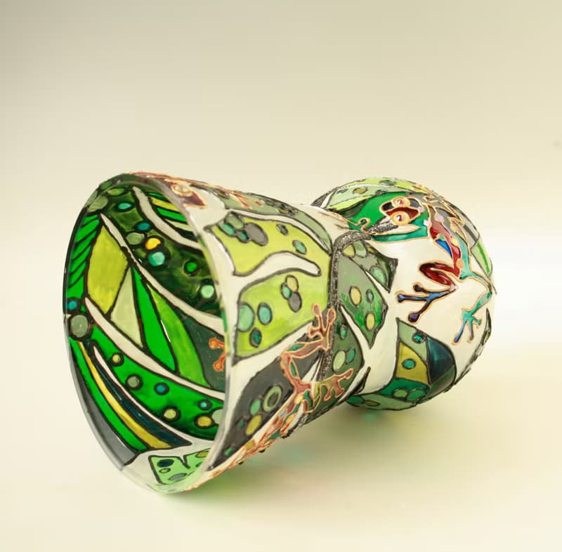 Tree Frog Rainbow Tropical Plants Glass Vase Stained, Hand-painted