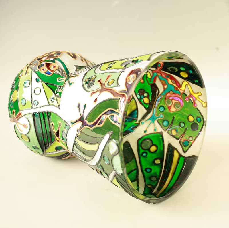 Tree Frog Rainbow Tropical Plants Glass Vase Stained, Hand-painted