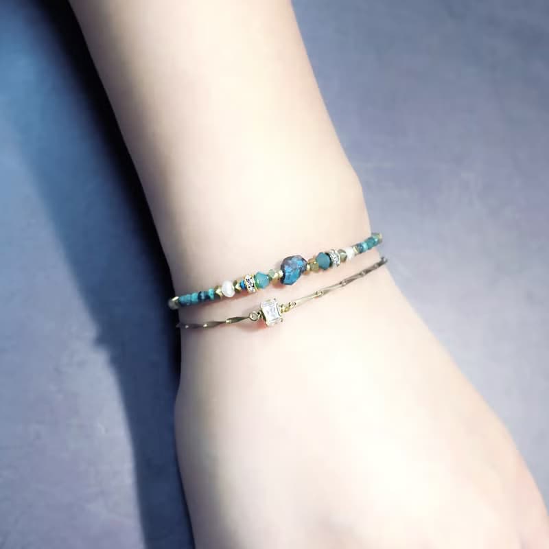 VIIART。貴族-綠。綠松石天然孔雀石珍珠鋯石黃銅手鍊